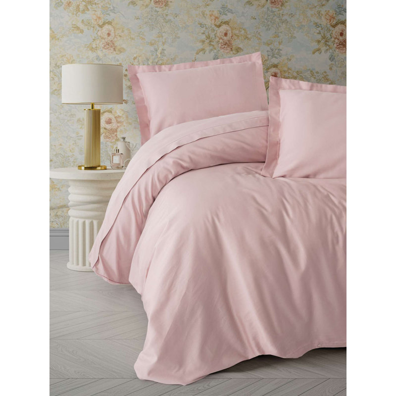 Luxurious Satin Quilt Cover Set, 100% Cotton Satin, 94.5 x 86.6 inches | Includes 2 Pillowcases (23.6 x 23.6 inches) | Reactive Printing, Machine Washable, Envelope & Button Closure | Elegant Powder Color Design