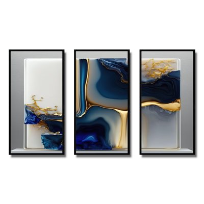 " Abstract Geode Gold And Blue Marble Shape I " 3 - Pieces