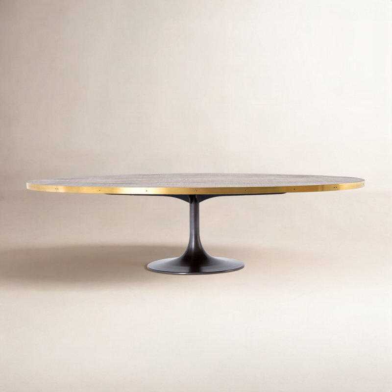 Kerey Oak Round Metal Base Dining Table, Brass