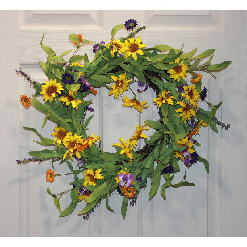 22" Artificial Spring Yellow Purple Flower Wreath