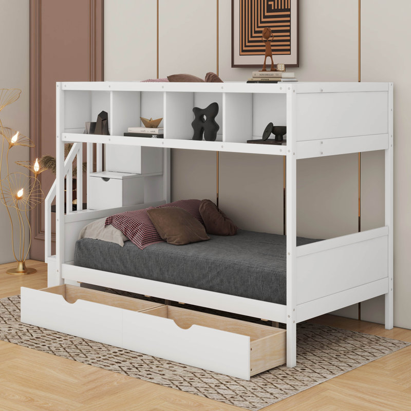 Lit simple superposé au dessus d'un lit double avec tablettes, escalier de rangement et 2 tiroirs, Blanc