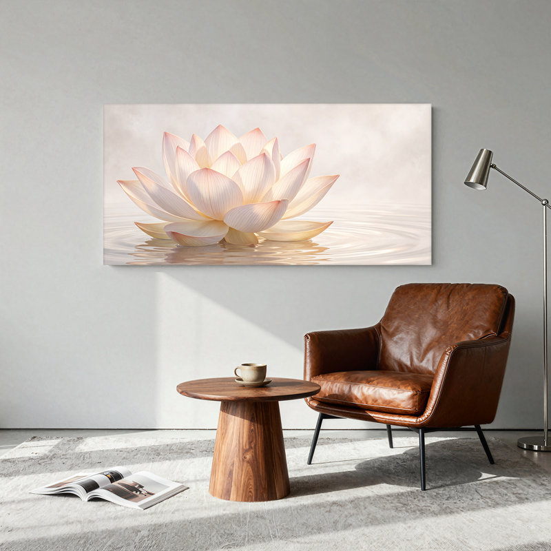Tableau sur toile représentant une fleur de lotus blanche et rose pâle épanouie sur des ondulations d'eau, 32"W x 16"H