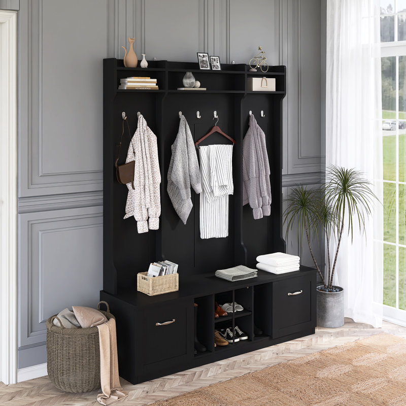 Portemanteau 5-en-1 de 58,8 po de largeur avec banc et rangement pour chaussures, Noir