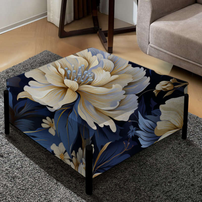 Grand repose-pieds carré bleu foncé et fleur de marguerite