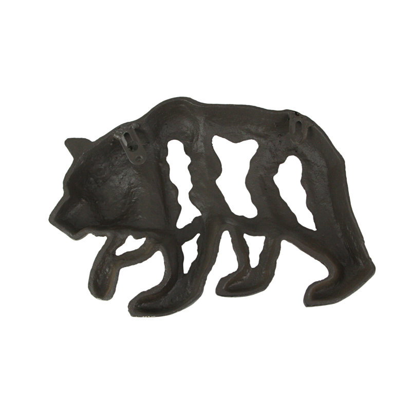 Rustic cabin brown cast iron bear wall-mounted sculpture for lodge decor — 11" W x 1.5" D x 7.5" H