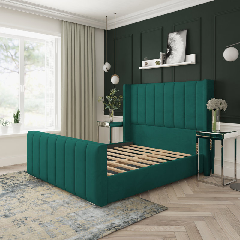 Aspen Plush Velvet Upholstered Bed Frame, Green, Double (4'6)