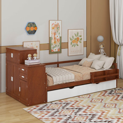 Twin Size Wood Platform Bed With Sample Bookshelf And Movable Wardrobe, Multifunctional Bed With Built-In Trundle Bed by Lark Manor