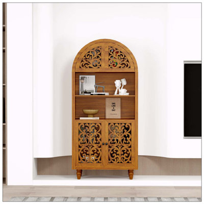 Bibliothèque 66 po de hauteur avec bibliothèque ouverte et armoire arquée en bois sculpté