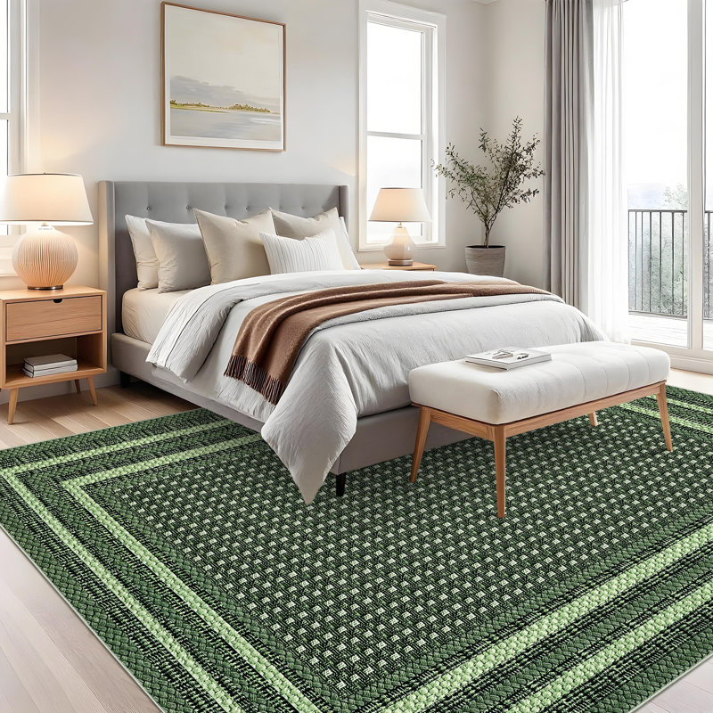 Area Rug Washable 10x13 Braided Boho Living Room Rug Non Slip Modern Bordered Accent Carpet for Bedroom Playroom Green, Green