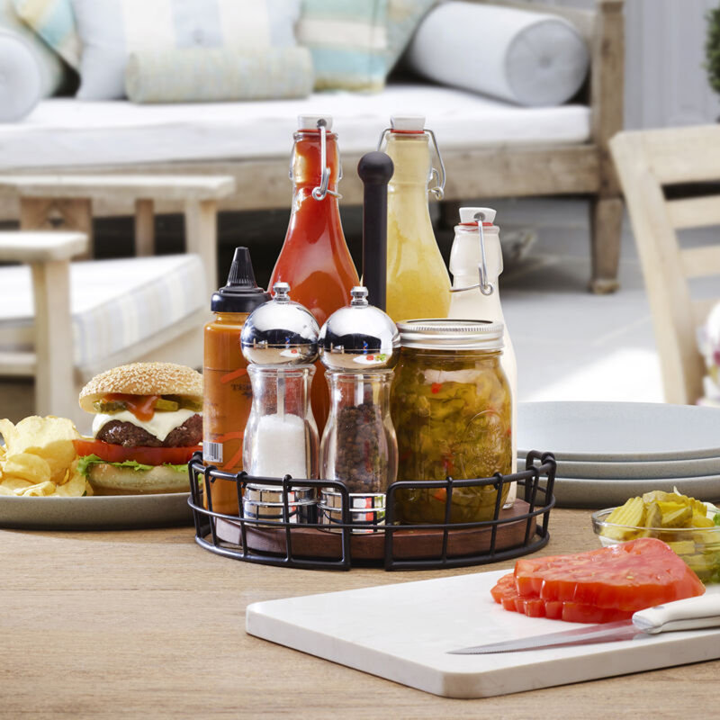 Black Iron and Mango Wood Tiered Condiment Caddy