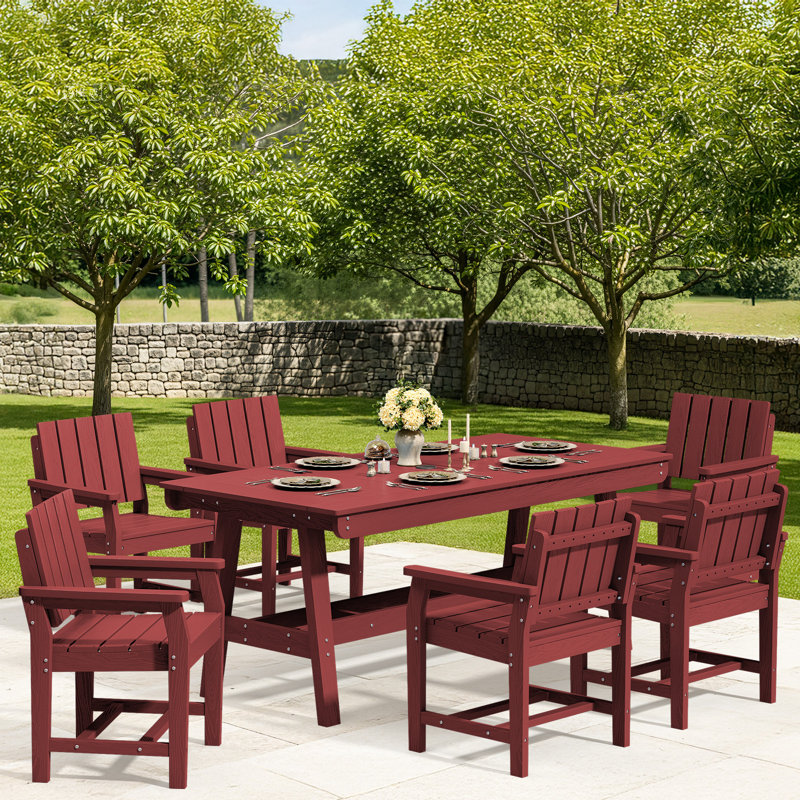 HDPE Outdoor Dining Set, 7-Piece Patio Table With Umbrella Hole And Armchairs – Weather-Resistant, Red