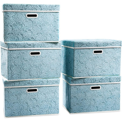 Stackable Storage Cubes With Lids [5-Pack] Fabric Decorative Storage Box Bins Organizer Containers Baskets With Cover Handles Divider For Bedroom Closet Living Room