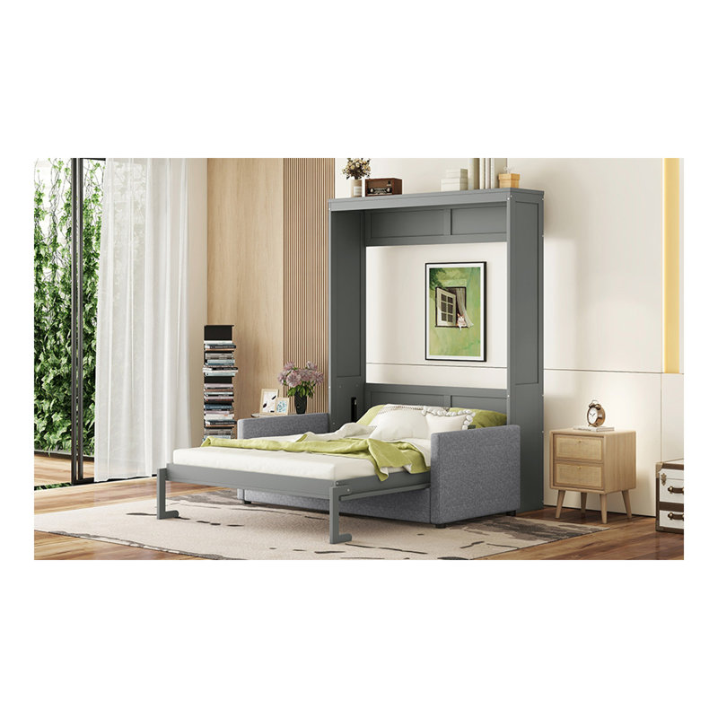 Grand lit escamotable mural avec coussin, gris