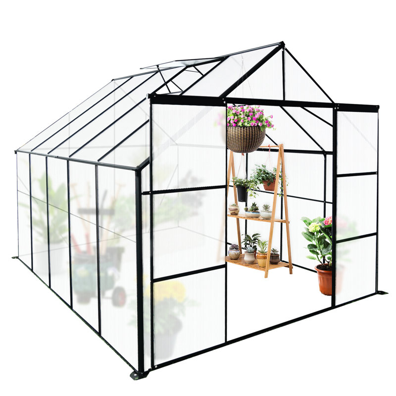 8x10ft Polycarbonate Greenhouse With Rainwater Drainage, Black Aluminum Stable Frame,, 88.96" H x 96.13" W x 117.9" D