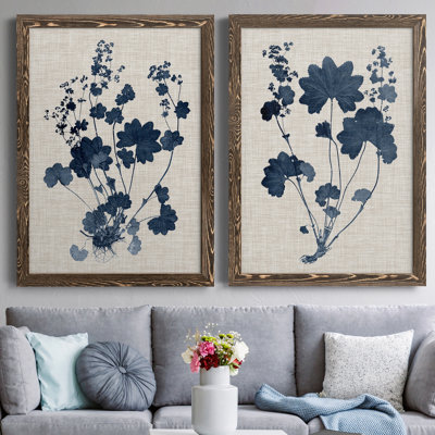 Bleu marine et feuilles de lin II, toile encadrée de qualité supérieure - prête à être accrochée