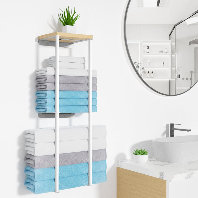Porte-serviettes mural pour salle de bain - Porte-serviettes en métal à 2 niveaux avec tablette en bois, rangement vertical peu encombrant pour serviettes roulées, conception résistante à la rouille et robuste