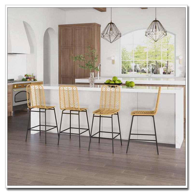 Ensemble de 4 tabourets de bar en rotin Boho avec siège en osier respirant et structure en acier