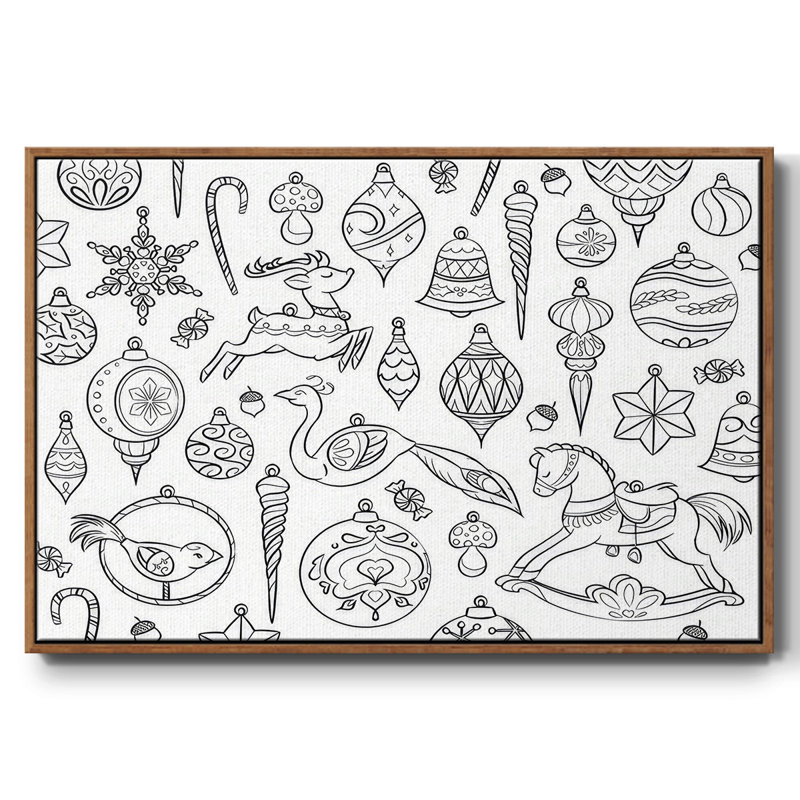 Ornements rétro encadrés sur toile, H 25 po x l 37 po x P 1,5 po, Noyer