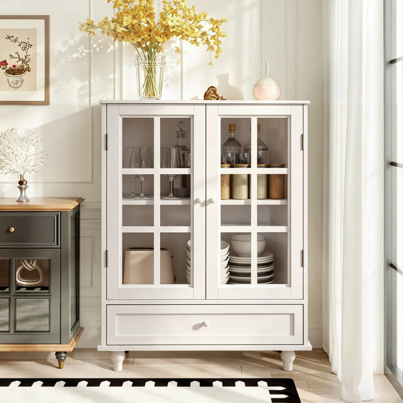 Minimalist Buffet Cabinet With Double Glass Doors And 1 Drawer, Modern Wooden Storage Sideboard Cupboard For Living Room, Dining Room, Hallway