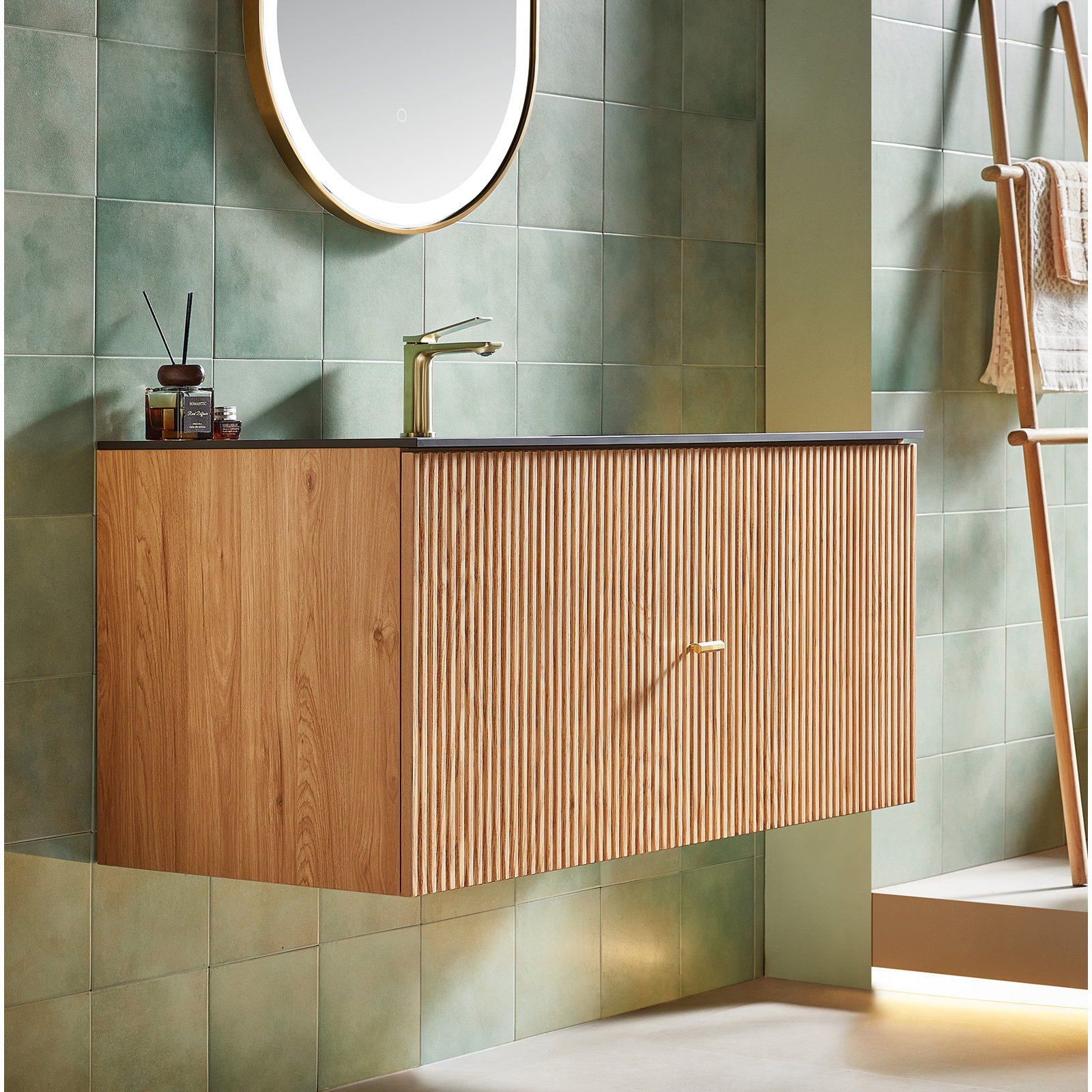 Jamell 42" Single Bathroom Vanity, Natural Oak, Black