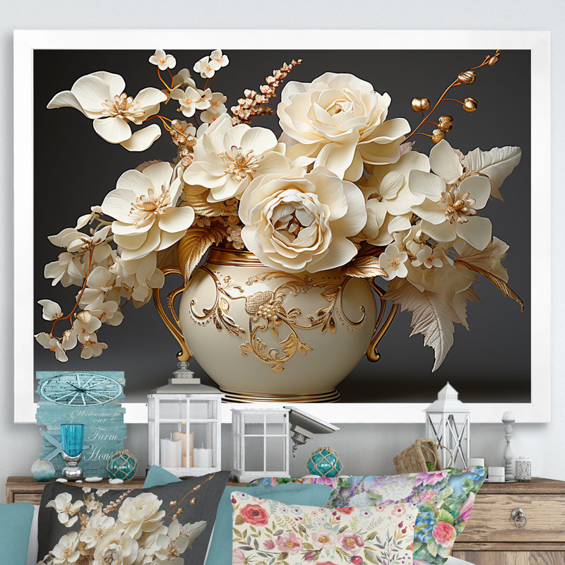 Impression sur toile Baroque Hydrangea blanc et or VII - Hydrangea, H 34 po x l 44 po x P 1,5 po, Cadre simple blanc