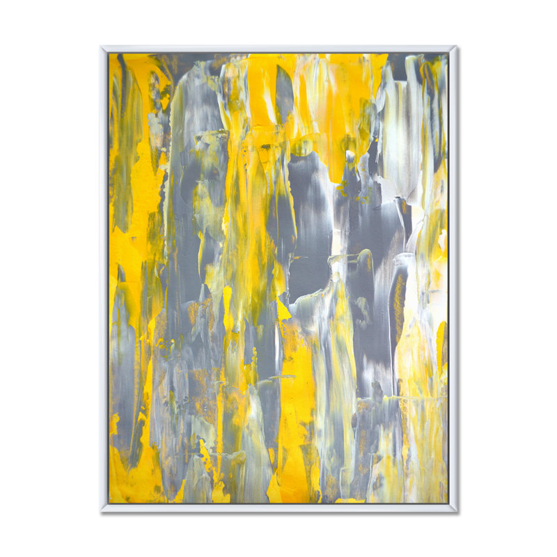 Gris et jaune fusionnant abstrait II - peinture sur toile, H 20 po x l 12 po x P 1 po, Cadre flottant blanc
