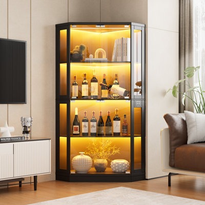 Corner Display Cabinet With Glass Doors, 66.3" Tall Glass Display Cabinet, Lighted Curio Cabinet, Bookcase With 3 Color Led Lights, 4-tier Display Cas
