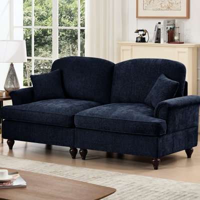 Comfy Blue Chenille Two Seater With Flared Arms, Spindle Legs, And Detachable Ruffles Pleats Skirts, Mid Century Flair For Living Room Large Seat Removable 