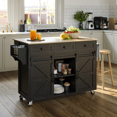 47.2" Farmhouse Style Kitchen Island With Locking Wheels And Side Shelves by Gracie Oaks