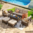 Ensemble de 7 meubles de patio, ensemble de conversation en rotin avec 2 accoudoirs pivotants en bois, 2 repose-pieds, canapé 2 places et table basse