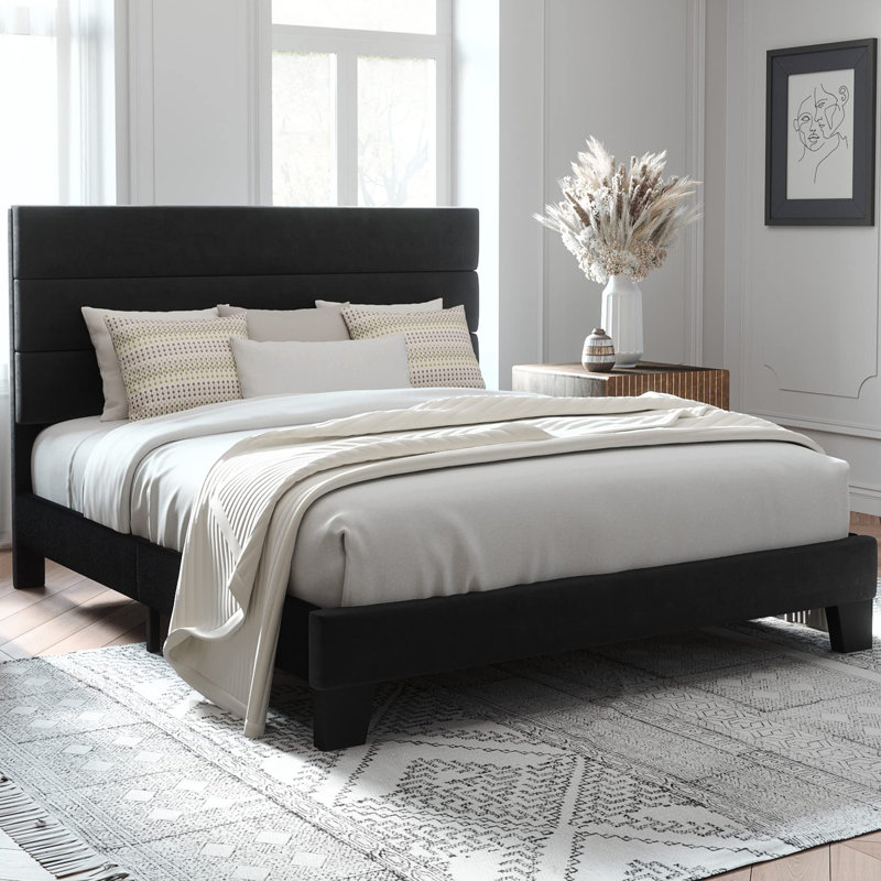 Structure de lit plateforme avec tête de lit tapissier en tissu et support en lattes de bois, Noir, Grand lit