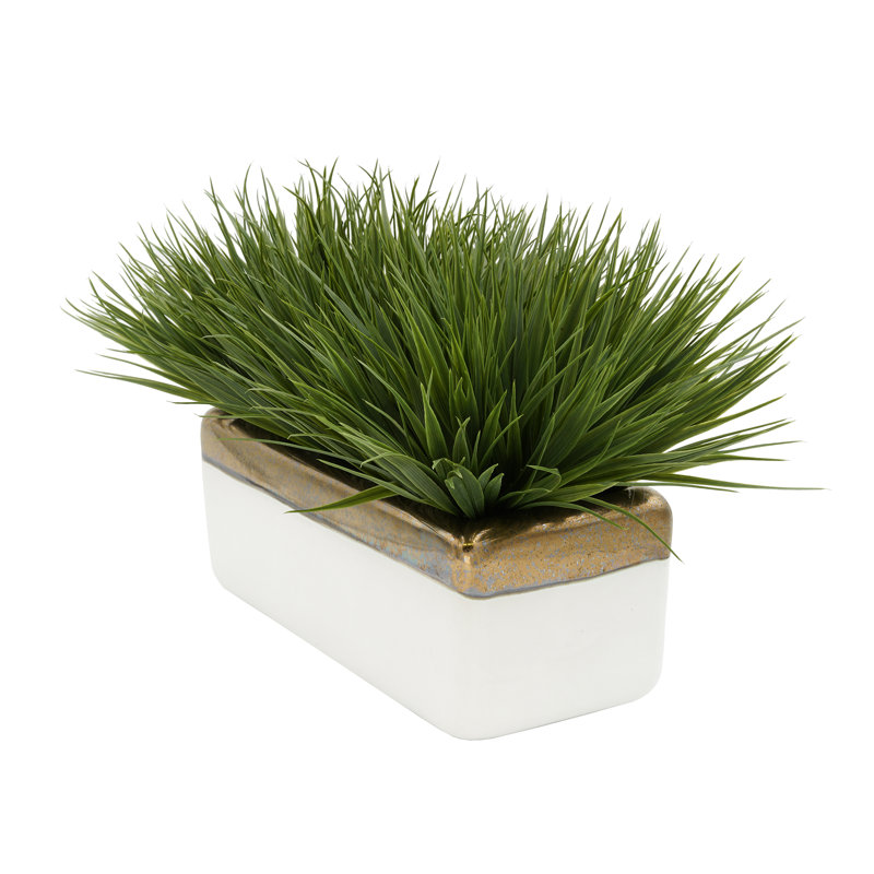Herbe artificielle en pot de fleurs, Doré / Blanc, Vert foncé, H 13 po x L 20 po x P 13 po