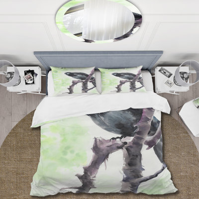 Curious Crow On A Branch - Ensemble de housse de couette traditionnel - Microfibre de polyester