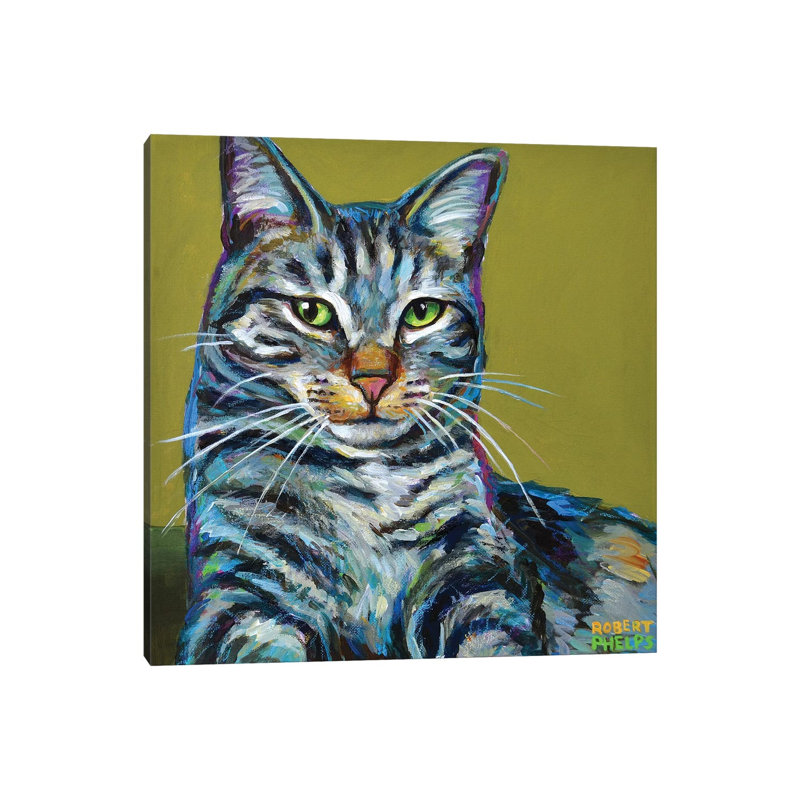 Striped Tabby On Green by Robert Phelps - Gallery-Wrapped Canvas Giclée on Canvas, 30.48 cm H x 30.48 cm W, Canvas