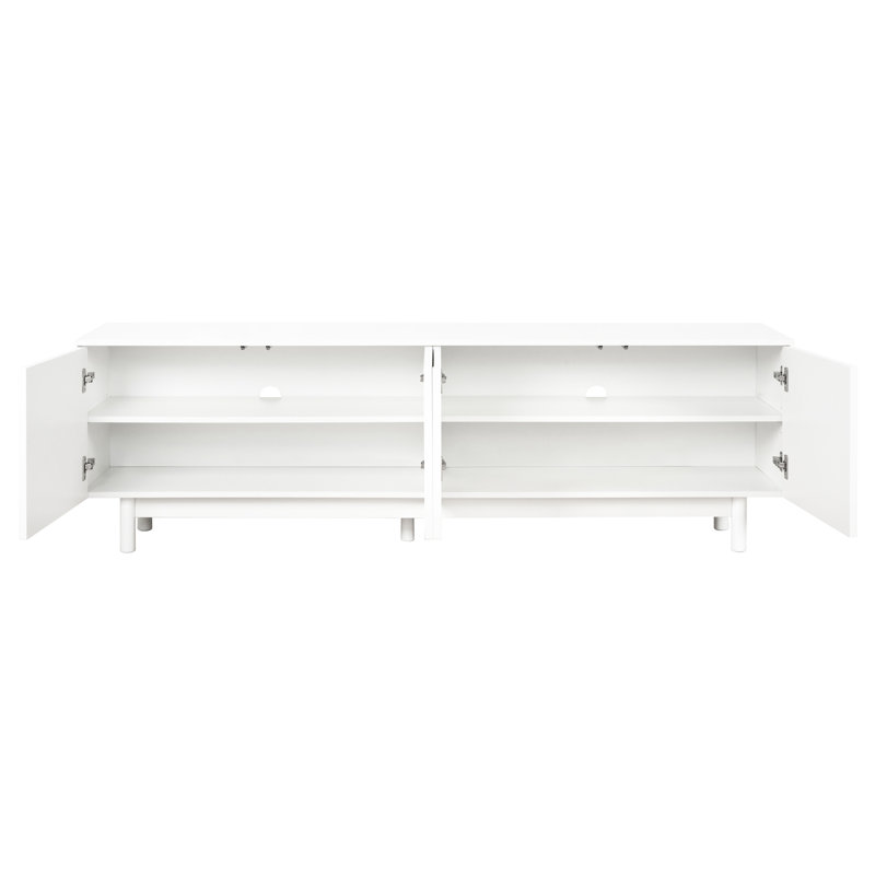 Meuble télé minimaliste pour écran de 78 po: armoires arquées, blanc, pieds en bois massif, tablettes réglables, conception compacte avec armoires