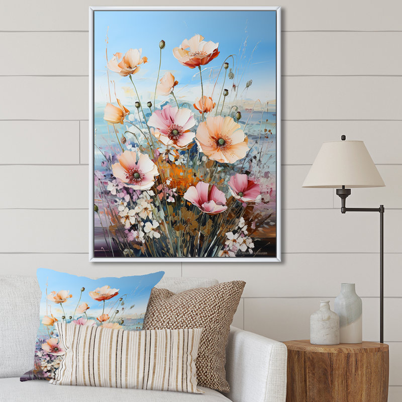 Renoncule aquarelle beige et mauve I, H 32 po x l 16 po x P 1 po, Cadre flottant blanc
