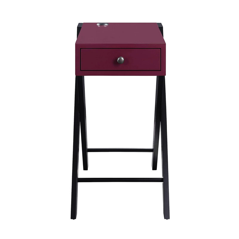 Table d'appoint Charging en noir et bourgogne, silhouette rectangulaire, 1 tiroir de rangement, pieds latéraux, tiroir à fermeture manuelle, assemblage Kd, plateau, 24 côtés à une seule glissière, hauteur en bois
