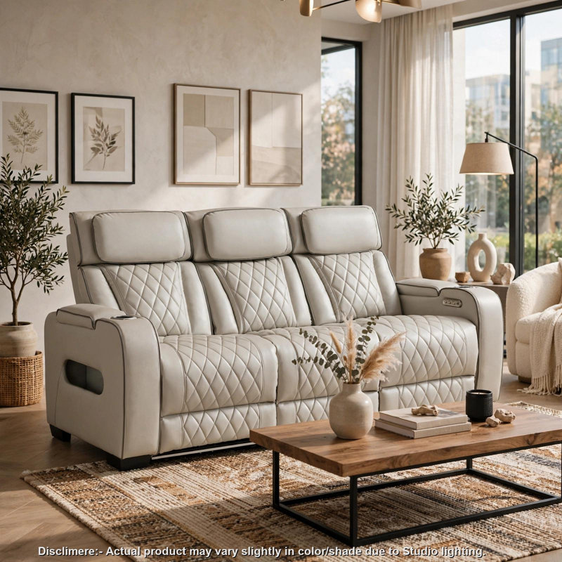 Canapé inclinable électrique double Fiya avec éclairage DEL, ports USB et revêtement en similicuir taupe., 84" W