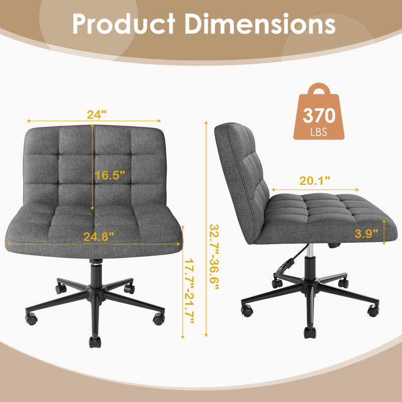 Swivel Criss Cross Legged Chair With Wheels, Armless Home Office Chair With Comfy Wide Cushion, Height Adjustable For Desk, Vanity, Bedroom, Linen, Gray
