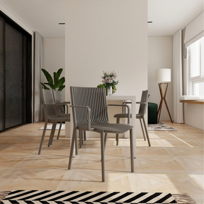 55 Inch White Table With 4 Warm Grey Stackable Armchairs - Protection, Metal Frame, Comfortable Seating Position Long 4Pcs In Any Weather, Easy To Maintain, Ergonomic Comfort