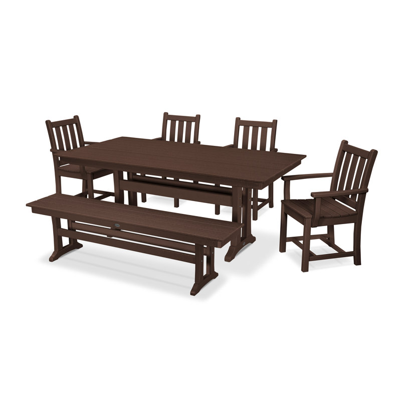 Traditional Garden Arm Chair 6-Piece Farmhouse Dining Set with Trestle Legs and Bench, Mahogany