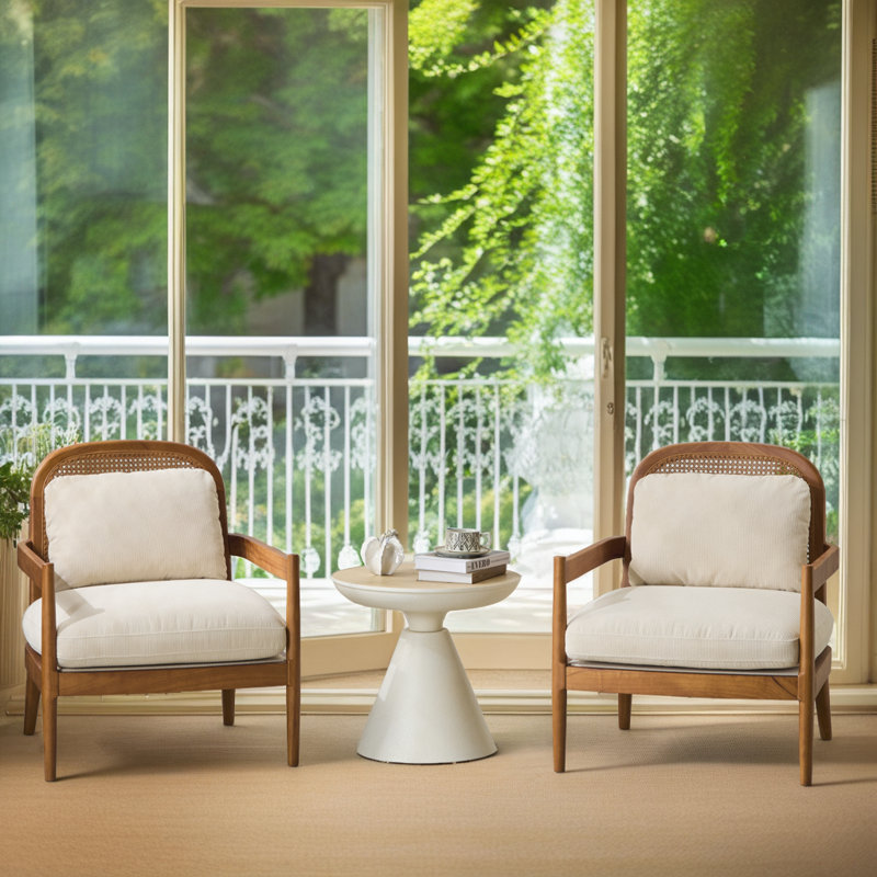 Mid-Century Modern Accent Chair Set - Walnut Frame with Rattan Backrest & Plush Cushions, Beige