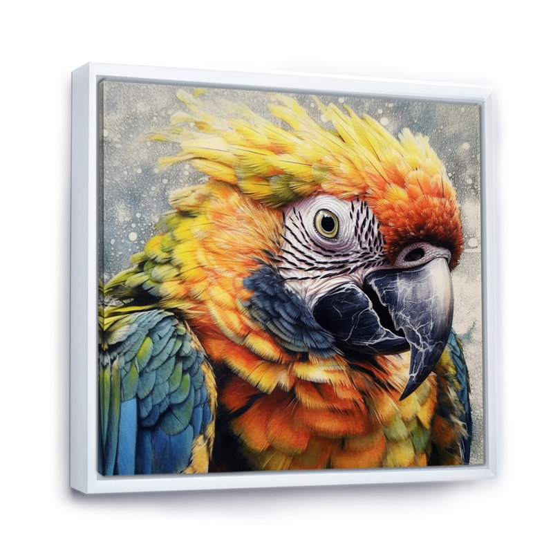 Perroquet tropical au paradis I sur toile, Cadre flottant blanc, H 30 po x l 30 po x P 1 po