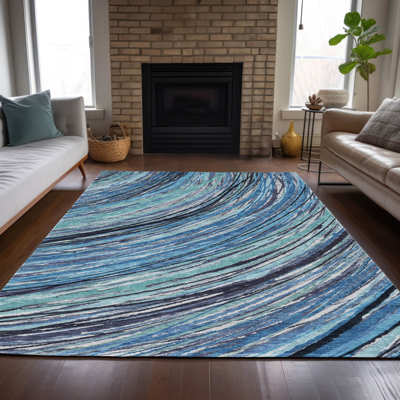 Machine Washable Indoor/Outdoor Xhevrie Blue Rug, Rectangle 10' x 14'