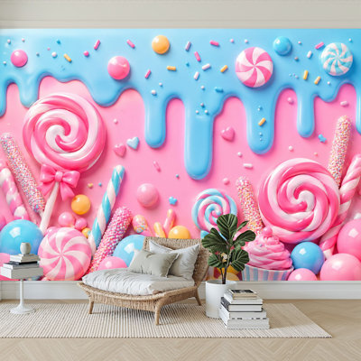 Wall Mural Peel and Stick Wallpaper Colorful Candy Wonderland Swirled Lollipops Dripping Frosting Design Self-Adhesive Removable Contact Paper Wall Decor for Living Room Bedroom 100"H x 144"W