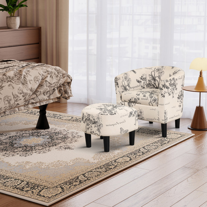 25.5" W Modern Stylish Soft Upholstered Living Room Accent Chair with Ottoman, Beige/Black Polyester