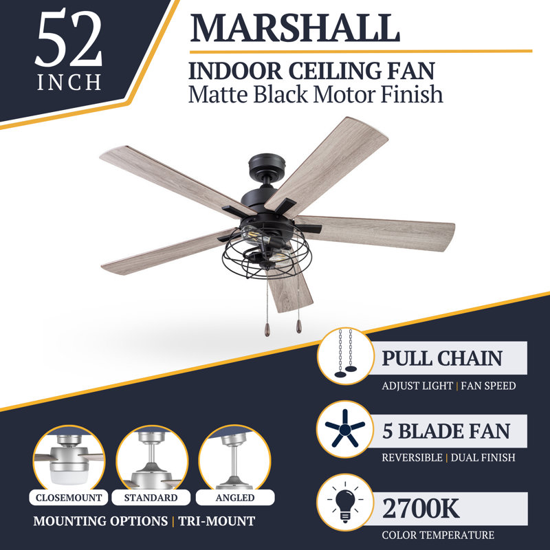 Marshall 52" Ceiling Fan with LED Light, Matte Black