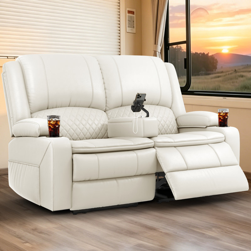 Faux Leather RV Manual Reclining Loveseat with USB Port, Cup Holders & Hidden Storage Console, White