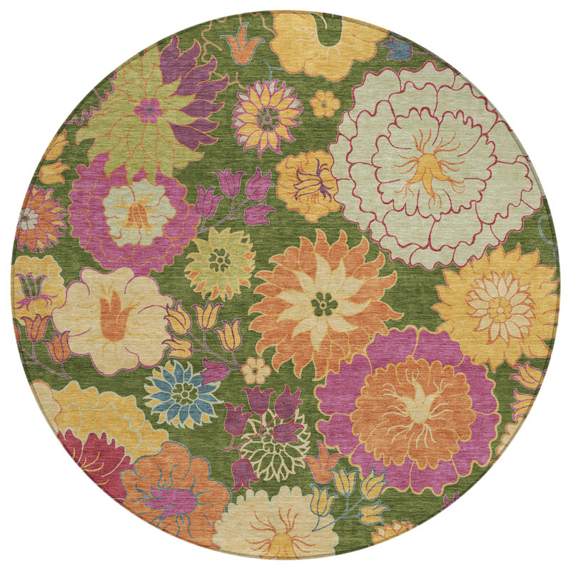 Machine Washable Indoor/Outdoor Matteson ACN2293 Floral Rug, Round 8'