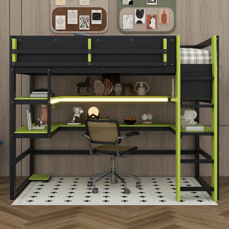Lit mezzanine avec bureau intégré et tablettes de rangement, structure de lit en bois peu encombrante avec éclairage RVB et course latérale